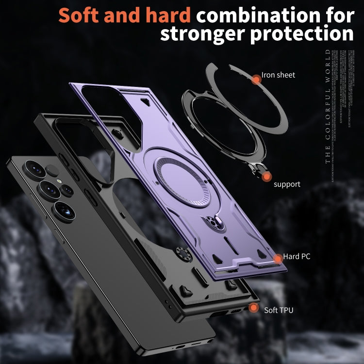 For Samsung Galaxy S25 Ultra 5G PC Hybrid TPU Armor MagSafe Ring Holder Phone Case(Purple)
