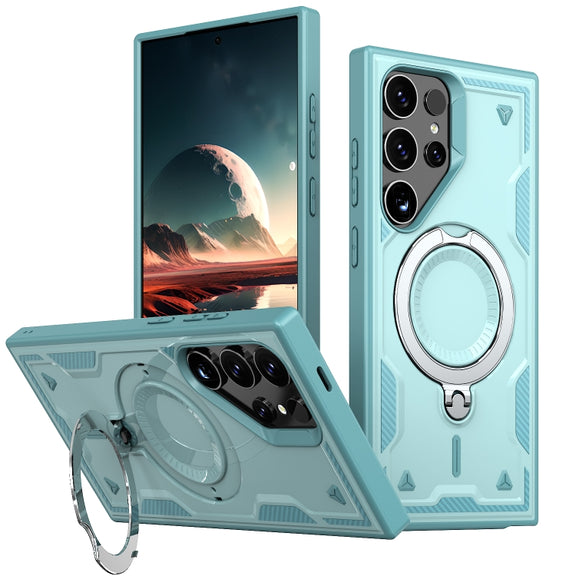 For Samsung Galaxy S25 Ultra 5G PC Hybrid TPU Armor MagSafe Ring Holder Phone Case(Light Blue)