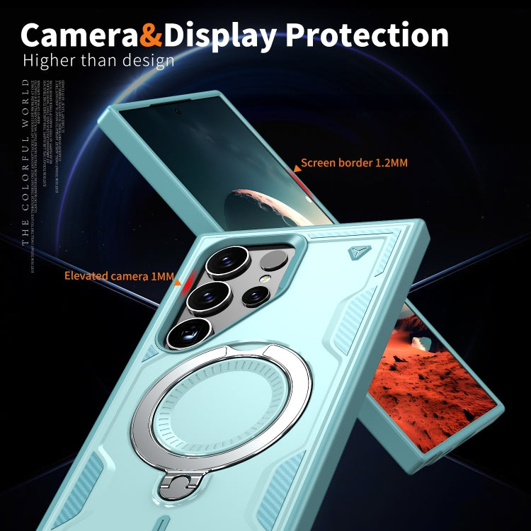 For Samsung Galaxy S25 Ultra 5G PC Hybrid TPU Armor MagSafe Ring Holder Phone Case(Light Blue)