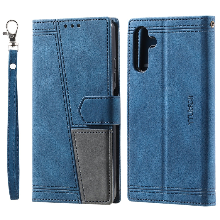 For Samsung Galaxy S25 5G TTUDRCH Embossed Line Splicing Leather Phone Case(Blue)