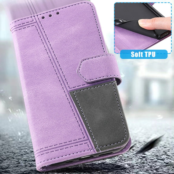 For Samsung Galaxy S25 5G TTUDRCH Embossed Line Splicing Leather Phone Case(Purple)