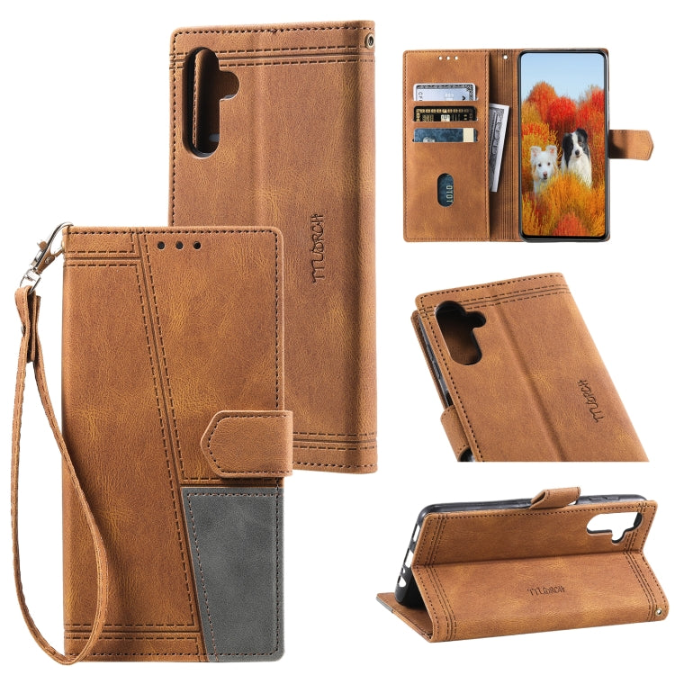 For Samsung Galaxy S25+ 5G TTUDRCH Embossed Line Splicing Leather Phone Case(Brown)