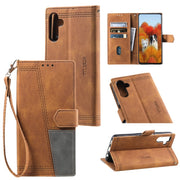 For Samsung Galaxy S25+ 5G TTUDRCH Embossed Line Splicing Leather Phone Case(Brown)