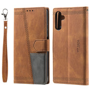 For Samsung Galaxy S25+ 5G TTUDRCH Embossed Line Splicing Leather Phone Case(Brown)