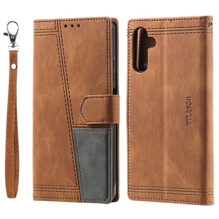 For Samsung Galaxy S25+ 5G TTUDRCH Embossed Line Splicing Leather Phone Case(Brown)