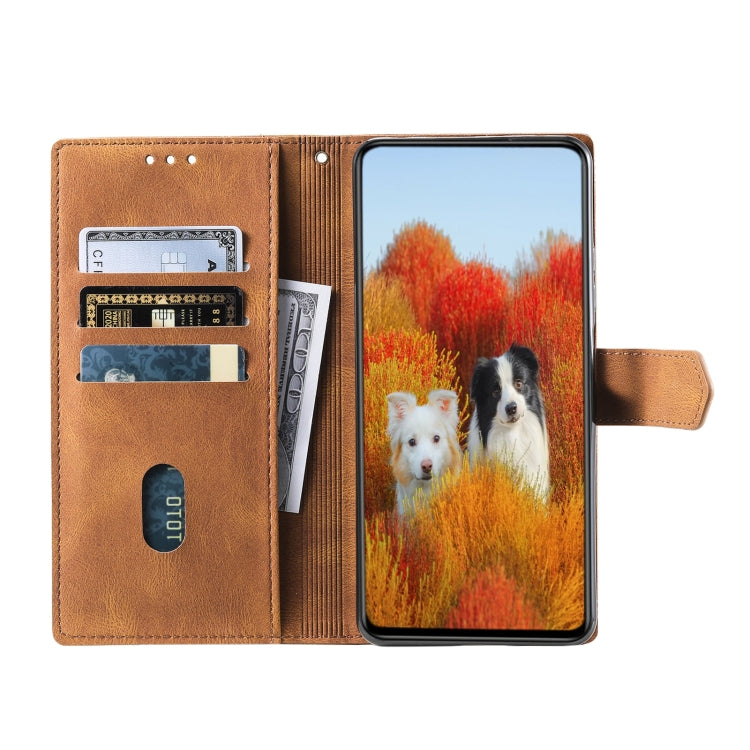 For Samsung Galaxy S25+ 5G TTUDRCH Embossed Line Splicing Leather Phone Case(Brown)