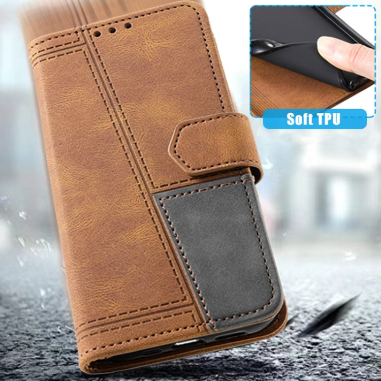 For Samsung Galaxy S25+ 5G TTUDRCH Embossed Line Splicing Leather Phone Case(Brown)