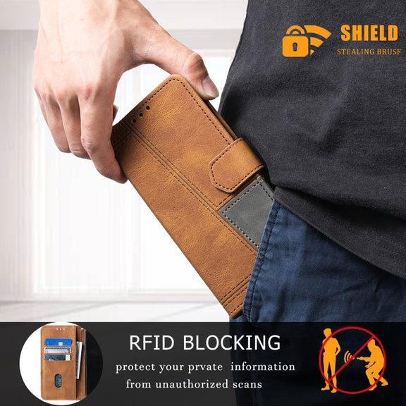 For Samsung Galaxy S25+ 5G TTUDRCH Embossed Line Splicing Leather Phone Case(Brown)