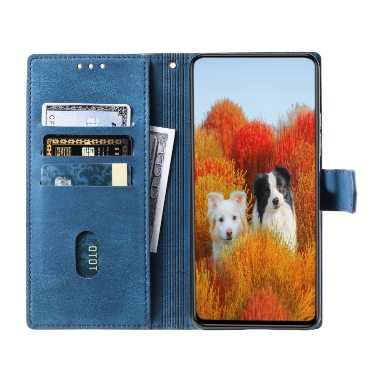 For Samsung Galaxy S25+ 5G TTUDRCH Embossed Line Splicing Leather Phone Case(Blue)