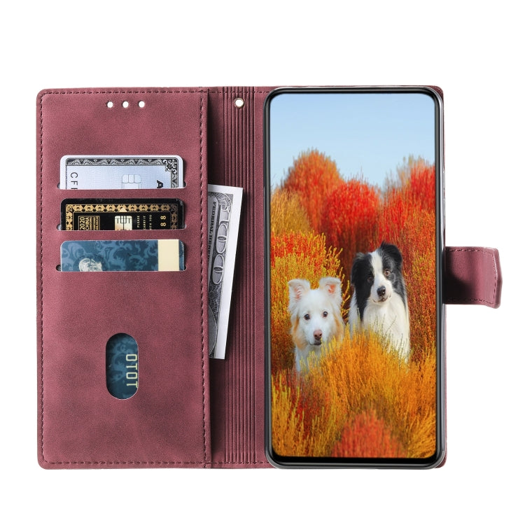 For Samsung Galaxy S25+ 5G TTUDRCH Embossed Line Splicing Leather Phone Case(Wine Red)