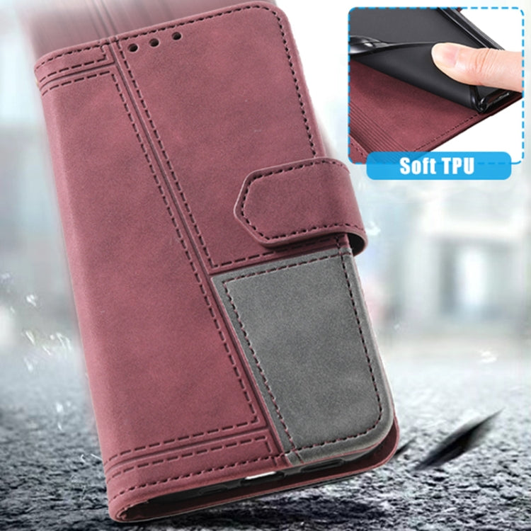 For Samsung Galaxy S25+ 5G TTUDRCH Embossed Line Splicing Leather Phone Case(Wine Red)