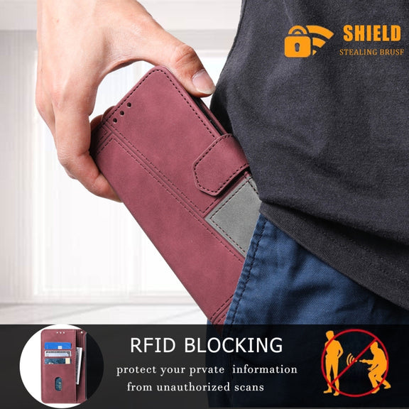 For Samsung Galaxy S25+ 5G TTUDRCH Embossed Line Splicing Leather Phone Case(Wine Red)