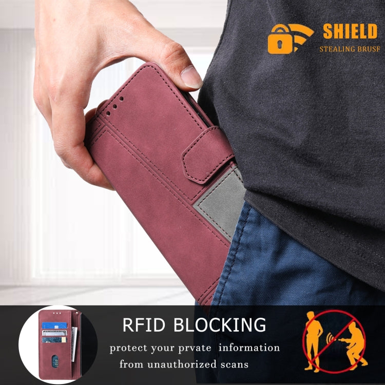 For Samsung Galaxy S25+ 5G TTUDRCH Embossed Line Splicing Leather Phone Case(Wine Red)