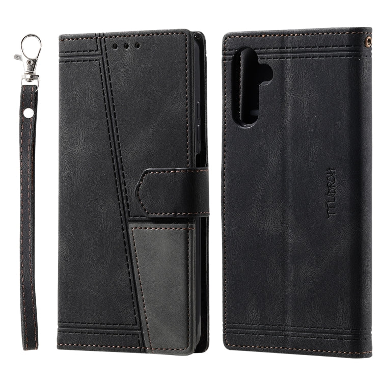 For Samsung Galaxy S25+ 5G TTUDRCH Embossed Line Splicing Leather Phone Case(Black)