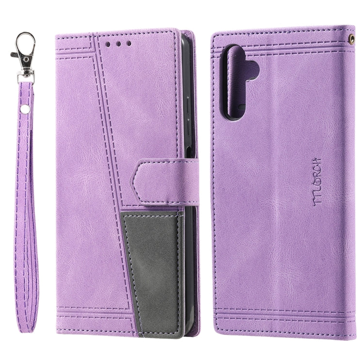 For Samsung Galaxy S25+ 5G TTUDRCH Embossed Line Splicing Leather Phone Case(Purple)