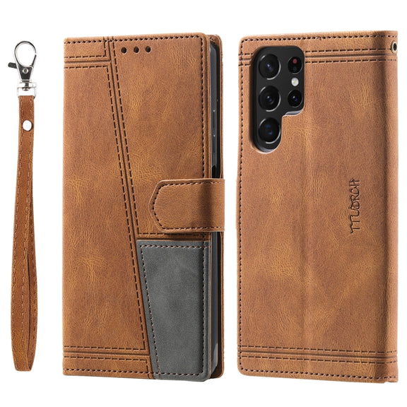 For Samsung Galaxy S25 Ultra 5G TTUDRCH Embossed Line Splicing Leather Phone Case(Brown)