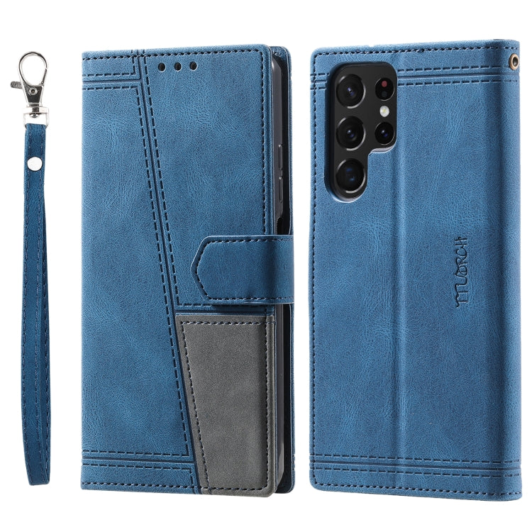 For Samsung Galaxy S25 Ultra 5G TTUDRCH Embossed Line Splicing Leather Phone Case(Blue)