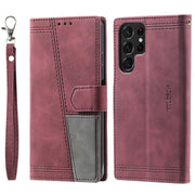 For Samsung Galaxy S25 Ultra 5G TTUDRCH Embossed Line Splicing Leather Phone Case(Wine Red)