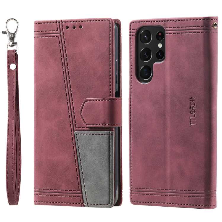 For Samsung Galaxy S25 Ultra 5G TTUDRCH Embossed Line Splicing Leather Phone Case(Wine Red)