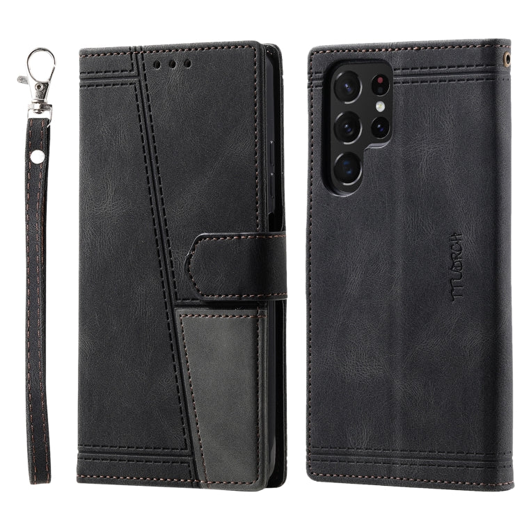 For Samsung Galaxy S25 Ultra 5G TTUDRCH Embossed Line Splicing Leather Phone Case(Black)