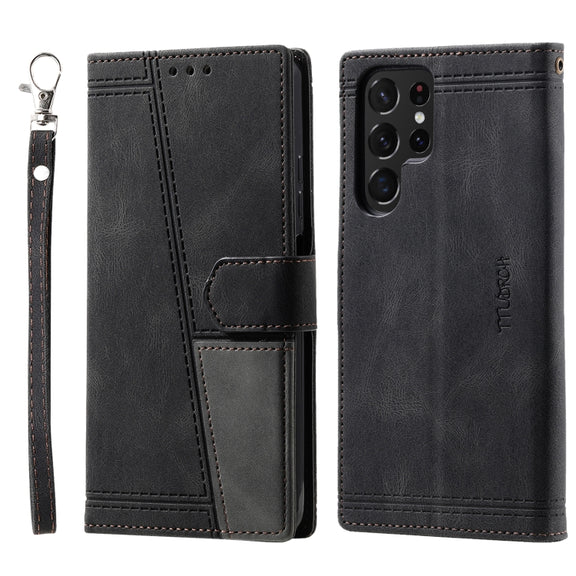 For Samsung Galaxy S25 Ultra 5G TTUDRCH Embossed Line Splicing Leather Phone Case(Black)