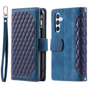 For Samsung Galaxy S25 5G Grid Texture Zipper Leather Phone Case with Lanyard(Blue)