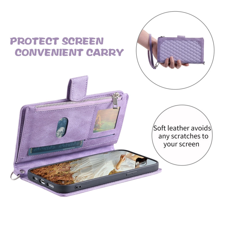 For Samsung Galaxy S25 5G Grid Texture Zipper Leather Phone Case with Lanyard(Purple)