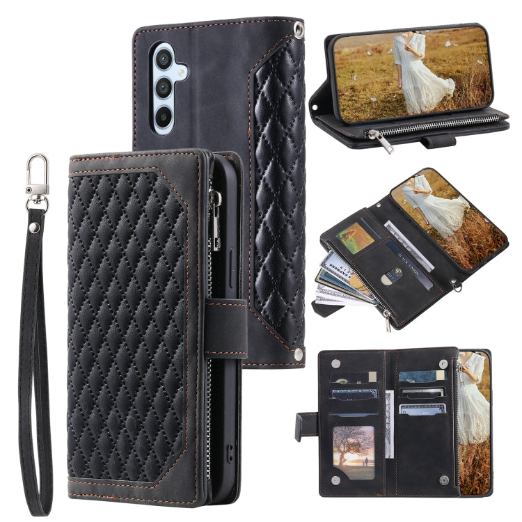 For Samsung Galaxy S25 5G Grid Texture Zipper Leather Phone Case with Lanyard(Black)