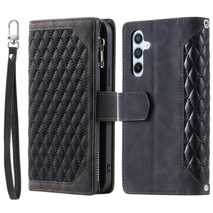 For Samsung Galaxy S25 5G Grid Texture Zipper Leather Phone Case with Lanyard(Black)