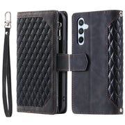 For Samsung Galaxy S25 5G Grid Texture Zipper Leather Phone Case with Lanyard(Black)
