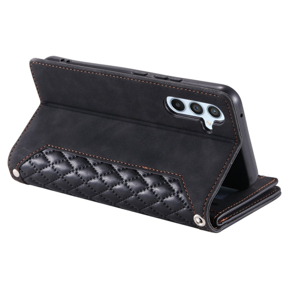 For Samsung Galaxy S25 5G Grid Texture Zipper Leather Phone Case with Lanyard(Black)