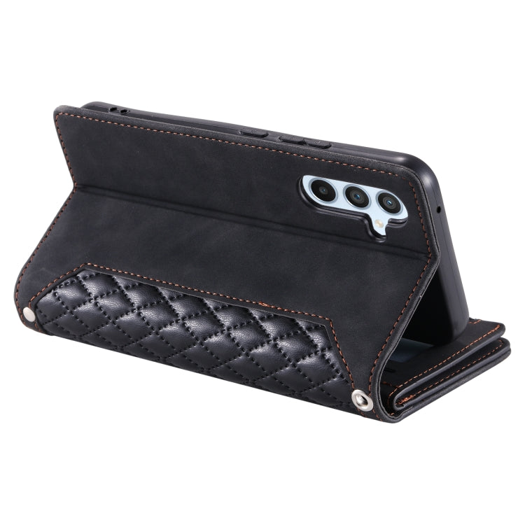 For Samsung Galaxy S25 5G Grid Texture Zipper Leather Phone Case with Lanyard(Black)