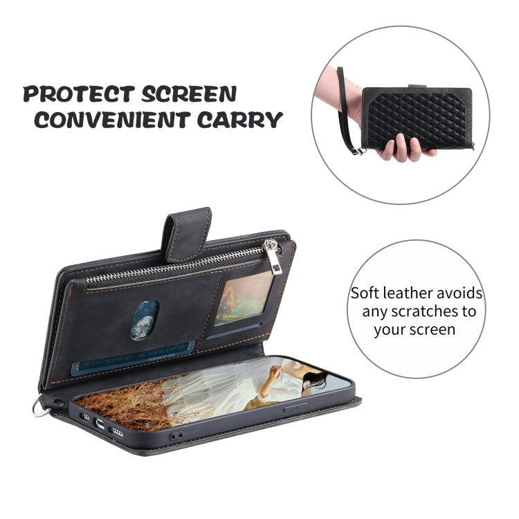 For Samsung Galaxy S25 5G Grid Texture Zipper Leather Phone Case with Lanyard(Black)