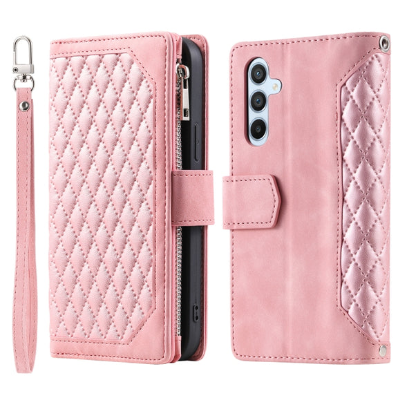 For Samsung Galaxy S25 5G Grid Texture Zipper Leather Phone Case with Lanyard(Rose Gold)