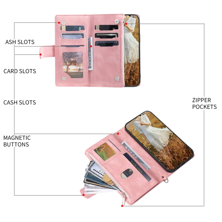 For Samsung Galaxy S25 5G Grid Texture Zipper Leather Phone Case with Lanyard(Rose Gold)