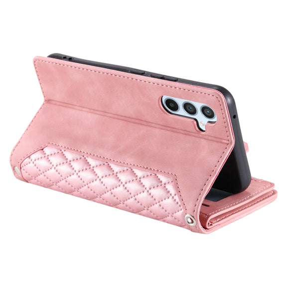 For Samsung Galaxy S25 5G Grid Texture Zipper Leather Phone Case with Lanyard(Rose Gold)