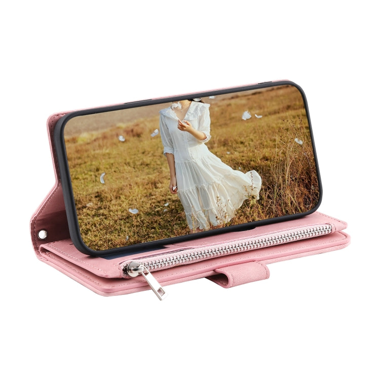 For Samsung Galaxy S25 5G Grid Texture Zipper Leather Phone Case with Lanyard(Rose Gold)