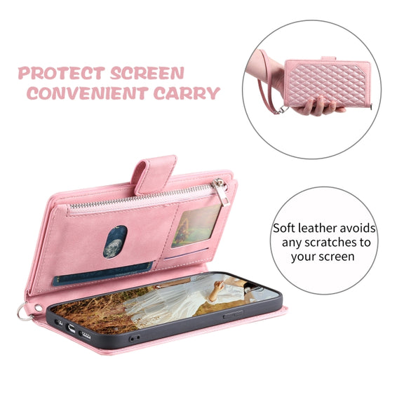 For Samsung Galaxy S25 5G Grid Texture Zipper Leather Phone Case with Lanyard(Rose Gold)