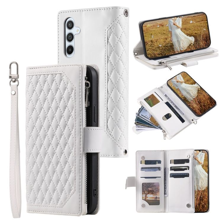 For Samsung Galaxy S25 5G Grid Texture Zipper Leather Phone Case with Lanyard(White)