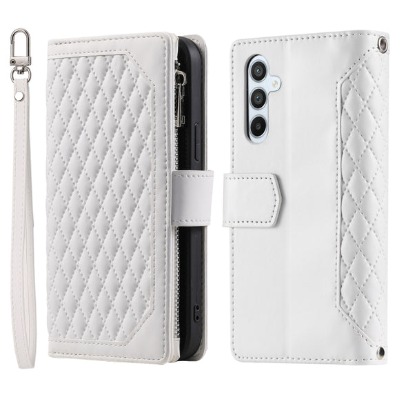 For Samsung Galaxy S25 5G Grid Texture Zipper Leather Phone Case with Lanyard(White)