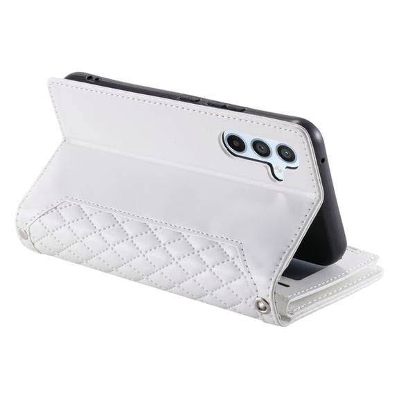 For Samsung Galaxy S25 5G Grid Texture Zipper Leather Phone Case with Lanyard(White)