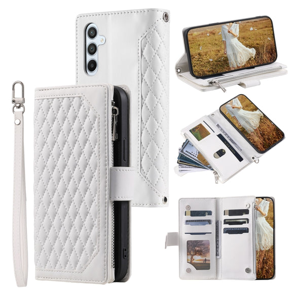 For Samsung Galaxy S25 5G Grid Texture Zipper Leather Phone Case with Lanyard(White)