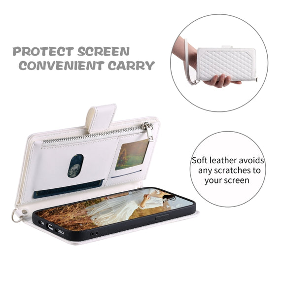 For Samsung Galaxy S25 5G Grid Texture Zipper Leather Phone Case with Lanyard(White)