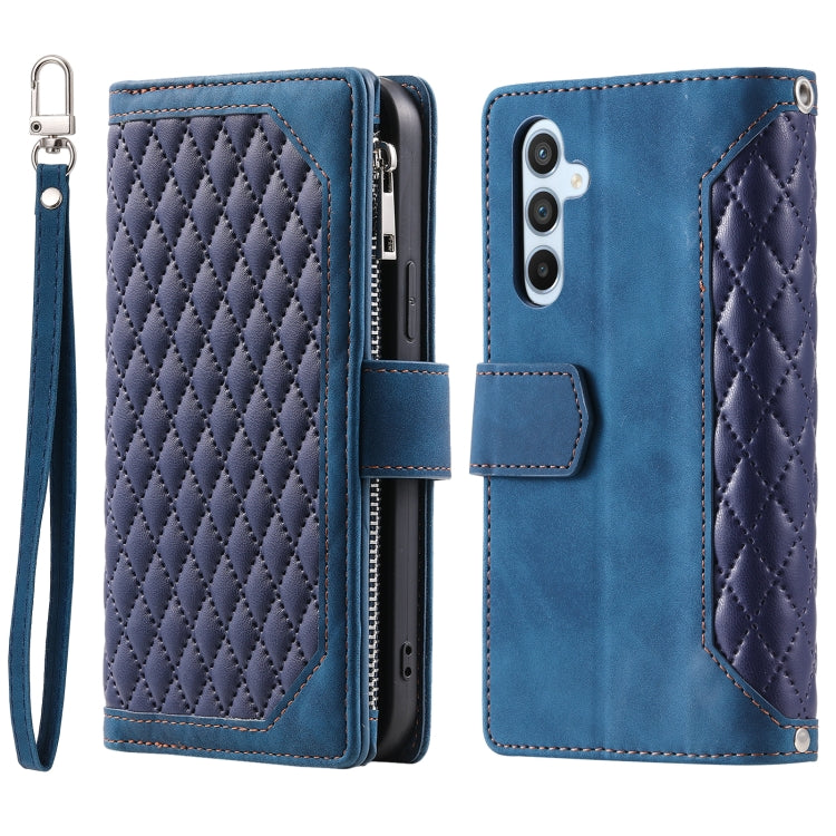 For Samsung Galaxy S25+ 5G Grid Texture Zipper Leather Phone Case with Lanyard(Blue)