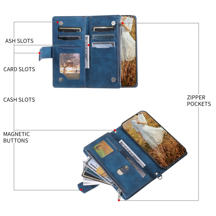 For Samsung Galaxy S25+ 5G Grid Texture Zipper Leather Phone Case with Lanyard(Blue)