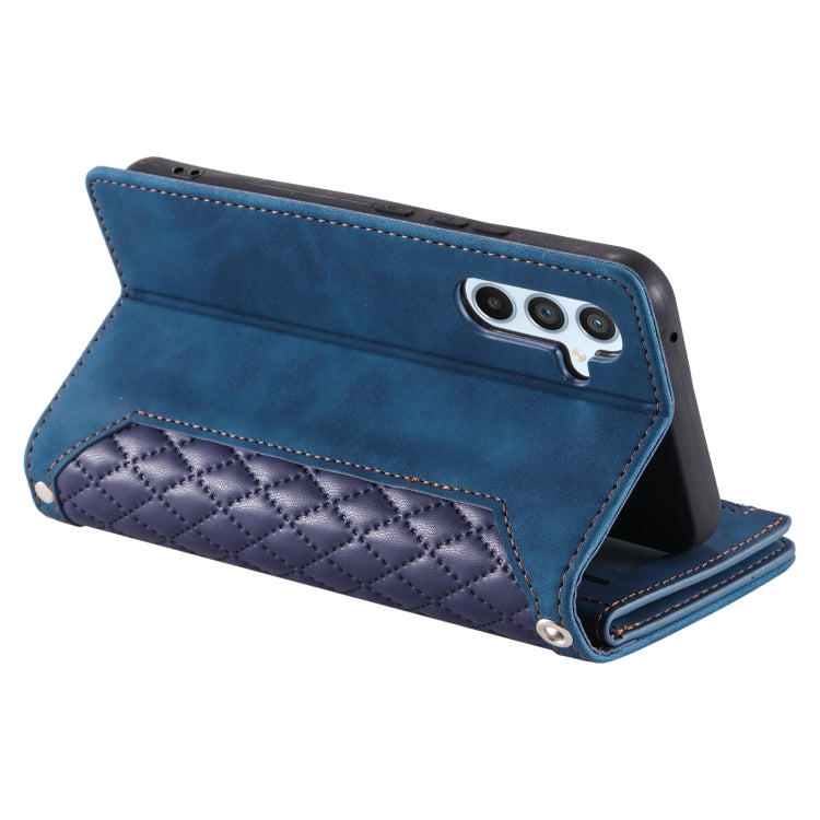 For Samsung Galaxy S25+ 5G Grid Texture Zipper Leather Phone Case with Lanyard(Blue)