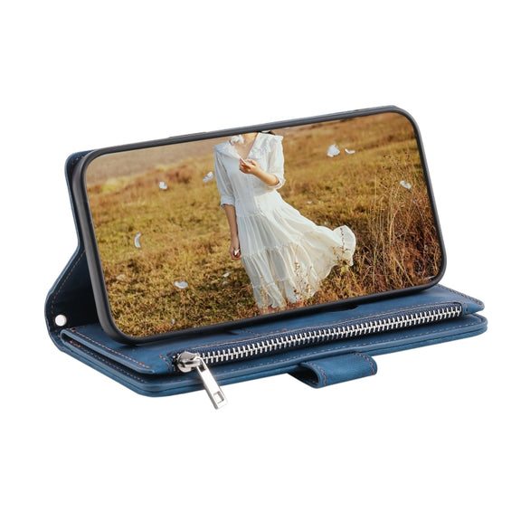 For Samsung Galaxy S25+ 5G Grid Texture Zipper Leather Phone Case with Lanyard(Blue)