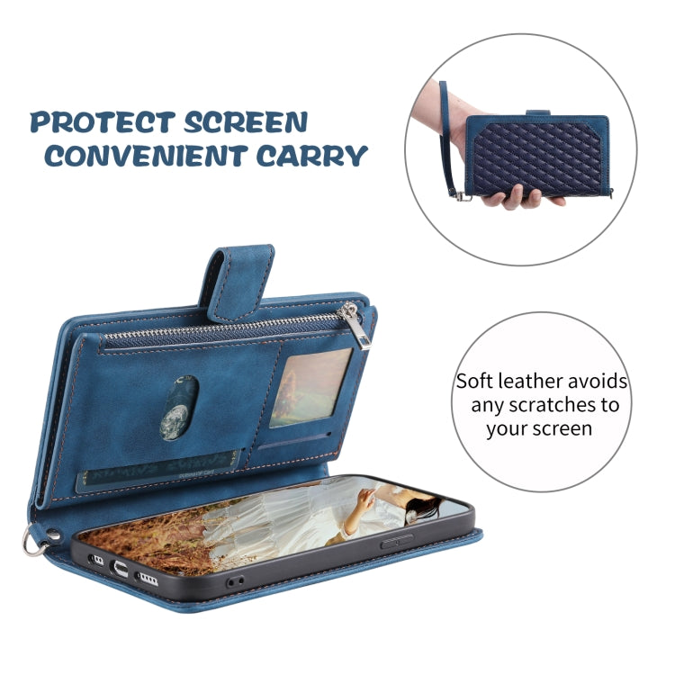 For Samsung Galaxy S25+ 5G Grid Texture Zipper Leather Phone Case with Lanyard(Blue)
