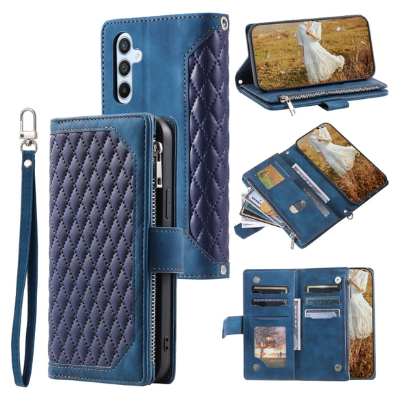 For Samsung Galaxy S25+ 5G Grid Texture Zipper Leather Phone Case with Lanyard(Blue)