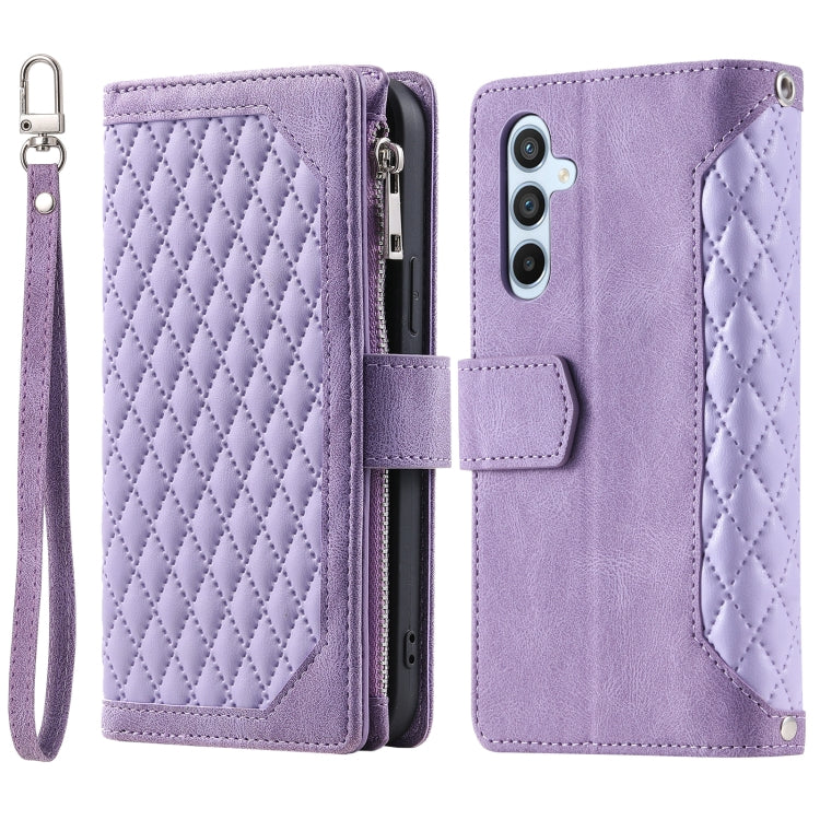 For Samsung Galaxy S25+ 5G Grid Texture Zipper Leather Phone Case with Lanyard(Purple)